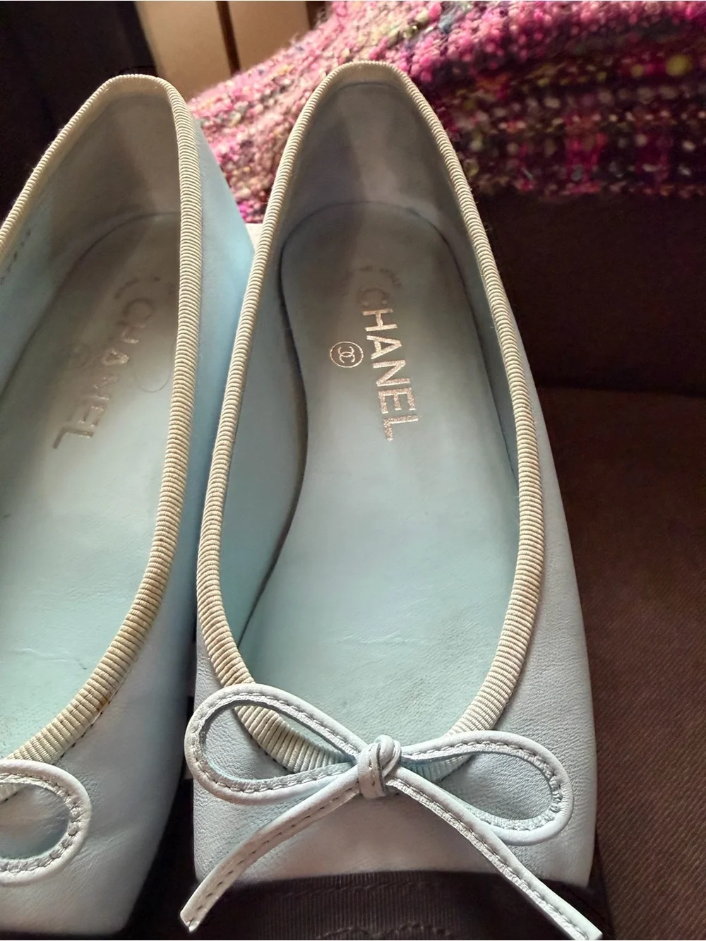 Chanel Two Tone Leather Ballet Flats Light Blue Black CC Bow Shoes 36.5